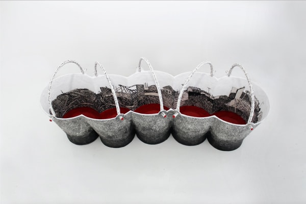 Gayan Prageeth Apperceiving 1983 VIII, 2017 Japanese Ink and Acrylic on Rice Paper on Steel Bucket 50cm x 105cm x 32cm