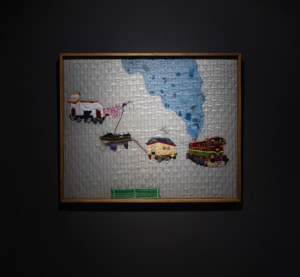 Hema Shironi 199 Miles Away, 2024 Paper Collage, Patchwork and Hand Embroidery on Quilt 95 x 119 cm 37 3/8 x 46 7/8 in