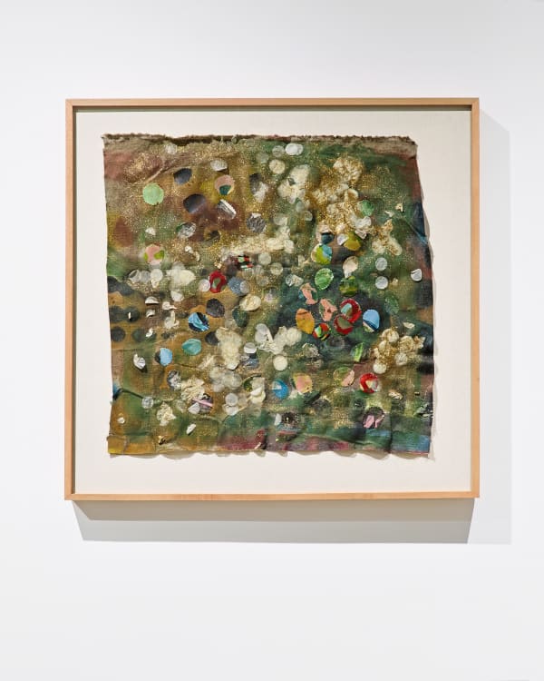 Chudamani Clowes Boats full of people, Adrift in the oceans wild, Clinging life jacket, 2025 Mixed Media on Linen Flax 61 x 64 cm 24 x 25 1/4 in