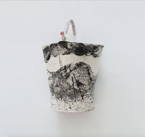 Gayan Prageeth Apperceiving 1983 XI, 2017 Japanese Ink and Acrylic on Rice Paper on Steel Bucket 43cm x 25cm x 25cm