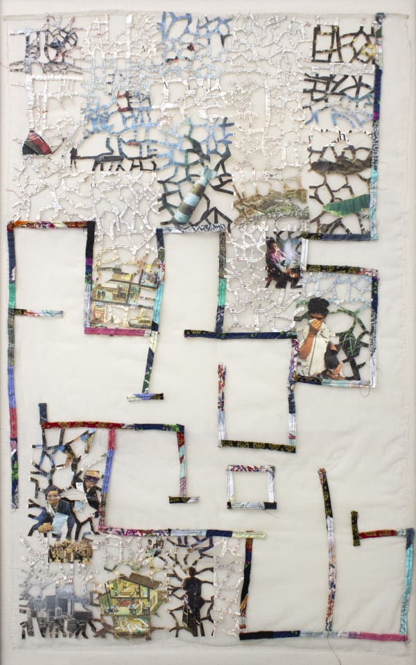 Hema Shironi Rented Shadows, 2020 Cotton Thread, Magazine Paper, Printed Fabric Stitched on Tissue Fabric 92 x 152 cm 36 1/4 x 59 7/8 in