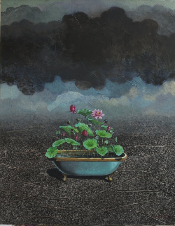 Gayan Prageeth The Lotus Cultivation Of The Great Other, 2021 Acrylic and Japanese Ink on Rice Paper on Canvas 110 x 85 cm 43 1/4 x 33 1/2 in