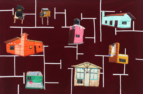 Hema Shironi Free Land Ownership To Its Citizens, 2024 Appliqué Work and Collar Stiff Stitched on Red Velvet Fabric 98 x 149 cm 38 5/8 x 58 5/8 in