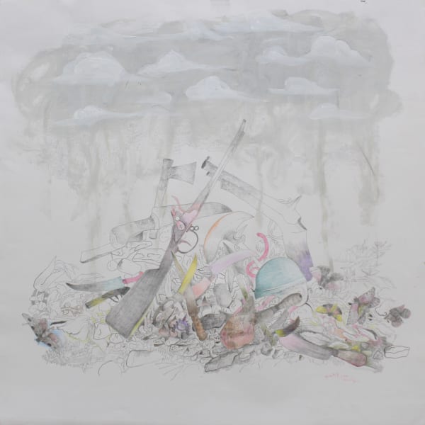 Jagath Weerasinghe Under the Pale Sky : Weapons and Moths, 2024 Mixed Media on Paper 72 x 70 cm 28 3/8 x 27 1/2 in