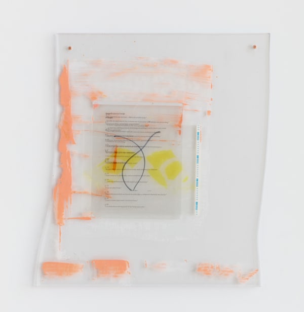 Gloves and Journal Script, 2016 Acrylic polymer, inkjet prints, and paper on acetate on Plexiglas, and hardware Irregular, 24 x 21 ¼ x ½ inches (61x 54 x 1.3 cm)