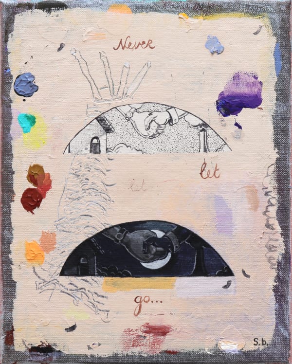 Stijn Bastianen Never let go, 2022 Oil paint, acrylic, paint marker and ink on canvas 24 x 30 cm