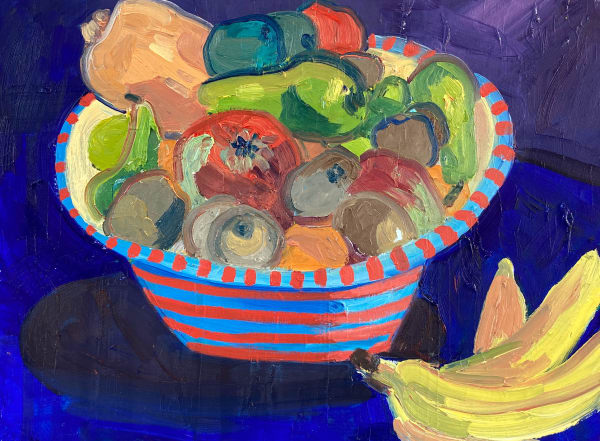 Elise Debrock Fruitschaal, 2023 Oil on wood 36 x 27 cm