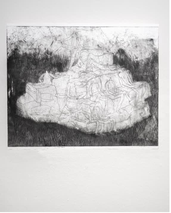 Manon De Bruyn zittende springkastelers, 2024 Etching on paper 41,3 x 50 cm Edition of 1 plus 1 artist's proof