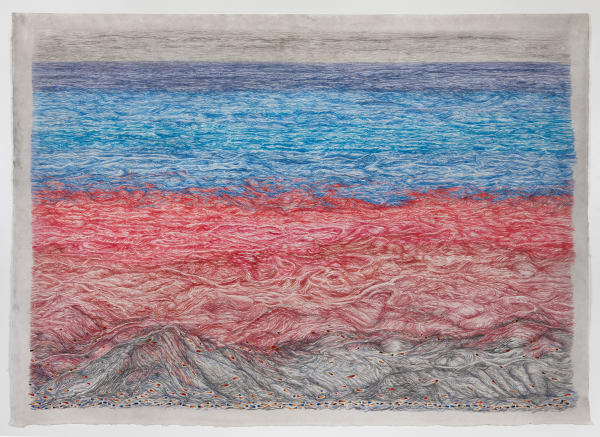 Shi Jin-Hua Pen Walking #182 Ocean, 2020-2022 Watercolor pencils and ink on papers, and document 107 x 148 cm, 108 x 149 cm, 106 x 149.5 cm, 107.3 x 149 cm, 56 x 32.9 cm (Document).