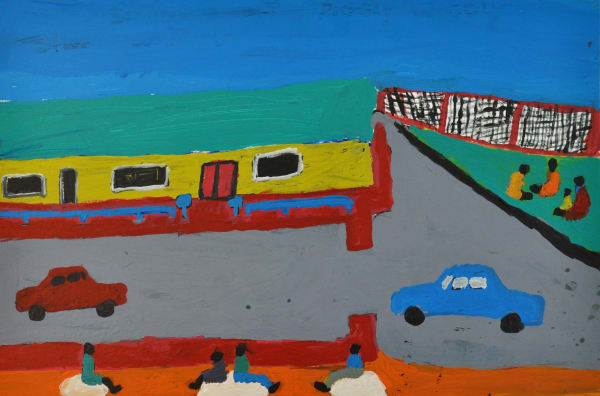 Sally M Mulda Waiting outside Piggly Wiggly Store acrylic on wood 39 x 58 cm