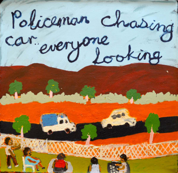 Sally M Mulda Policeman chasing car everyone looking acrylic on linen 61 x 61 cm