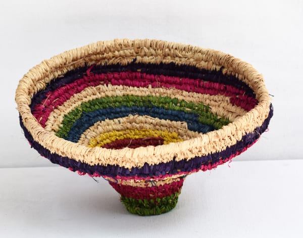 Anne Dixon Rockhole Basket with Rainbow stripes tjanpi, raffia and yarn
