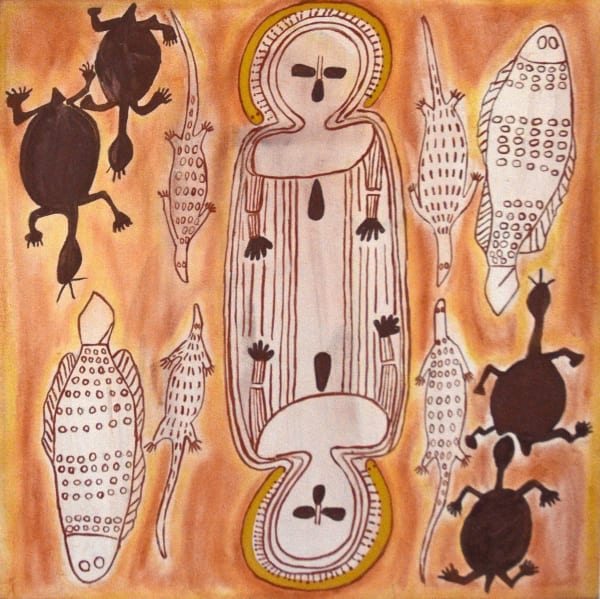 Clarrie Djanghara Wandjina - Reflection in the Salt Water, 2022 Natural ochre and pigment on canvas 45 x 45 cm