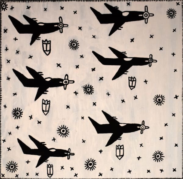 Pauletta Kerinaiua The Bombing of Darwin (Black and White) natural ochres on linen 70 x 70 cm