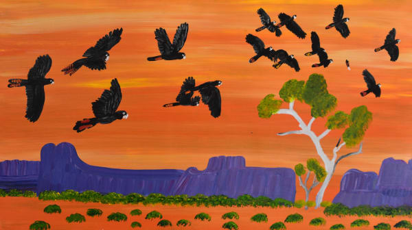 Kukula Mcdonald Haast Bluff & Red Gums, 2023 acrylic on canvas 56 x 90.5 cm