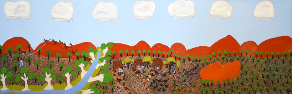 Grace Kemarre Robinya Two Shot Kangaroo acrylic on linen 39.5 x 119.5 cm