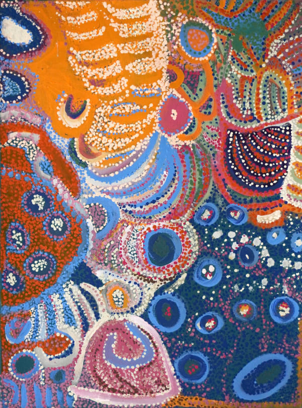 Dianne Ungukalpi Golding Walu Rockhole Dreaming, Emu Heart, the Boy Who Turned, 2024 acrylic on canvas 50 x 76 cm