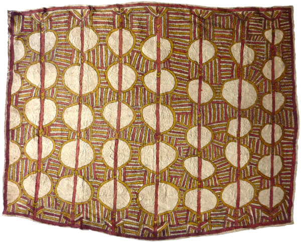 Linda-Grace Savari (Majare) mahudano'e, mahu ane bios'e. hin'e baje ohu'o nyoni han'e - Pig's tusks and teeth, fruit of the mustard plant and fern leaves. natural pigments on nioge (barkcloth) 141 x 115 cm