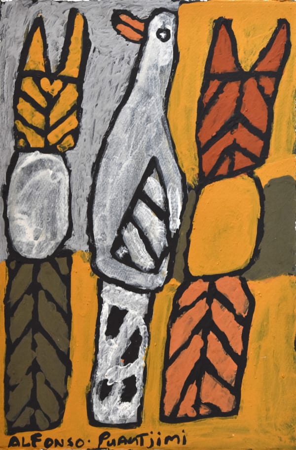 Alfonso Puautjimi Still life with bird carvings, 2019 Natural ochre on paper 57.5 x 38 cm