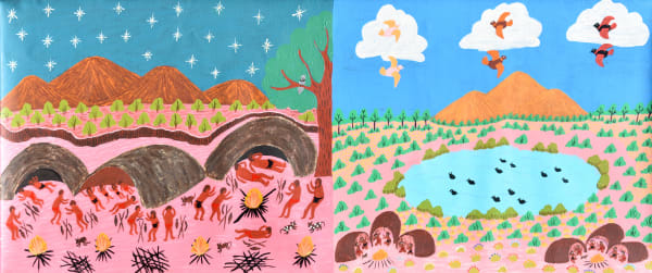 Nora Abbott Two Stories, Family Camping on Country, Olden Times, 2020 acrylic on linen 50 x 122 cm