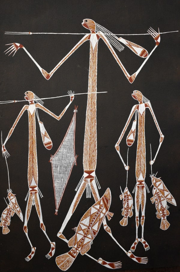 Graham Badari Family Fishing, 2018 ochre and acrylic on arches paper 51 x 76 cm