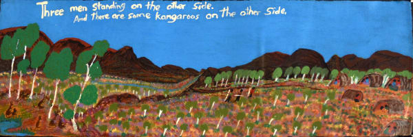 Nyinta Donald Peipei Three Men Hunting, Utju way, 2021 acrylic on linen 29.6 x 92 cm