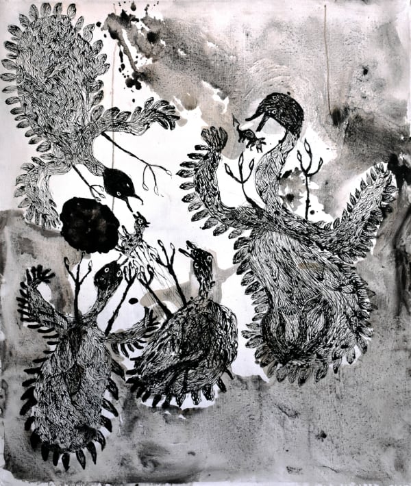 Iluwanti Ken Walawulu ngunytju kukaku ananyi (Mother Eagles going hunting) Acrylic on Linen 122 x 98 cm 48 1/8 x 38 5/8 in