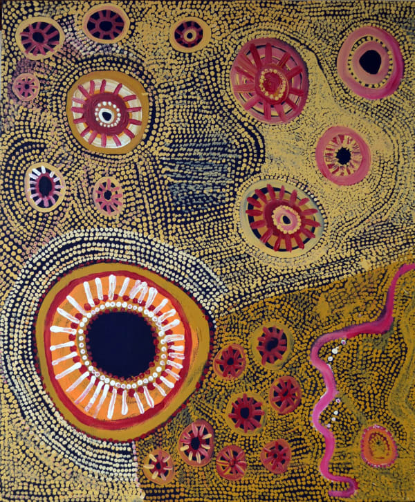 Mick Wikilyiri Tjala tjukurpa - Honey Ant Story acrylic on linen 102 x 122 cm