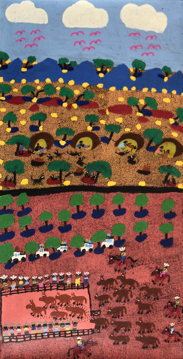 Grace Kemarre Robinya Wallace Rockhole Mob and Mt Allan Mob Mustering, 2020 acrylic on linen 46 x 90 cm
