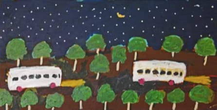 Sally M Mulda All the people going to Docker River for sports carnival acrylic on linen 46 x 90 cm