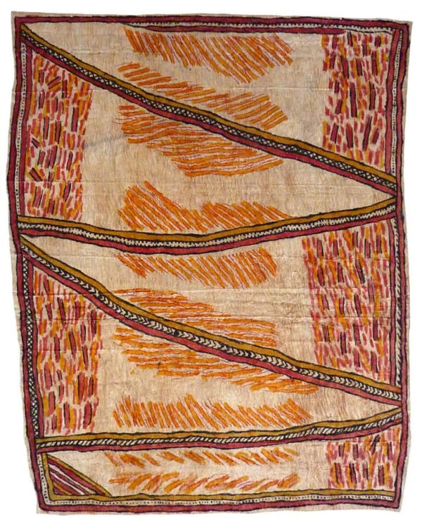 Fate Savari Uborida jowo tahgwe ohu'o isairov'e hore hitahi'e (sabu deje, ije biweje, mi'ija'ahe ohu'o bub) natural pigments on nioge (barkcloth) 94 x 78 cm