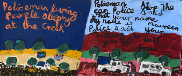 Sally M Mulda Two Police Story, 2023 acrylic on linen 51 x 122 cm