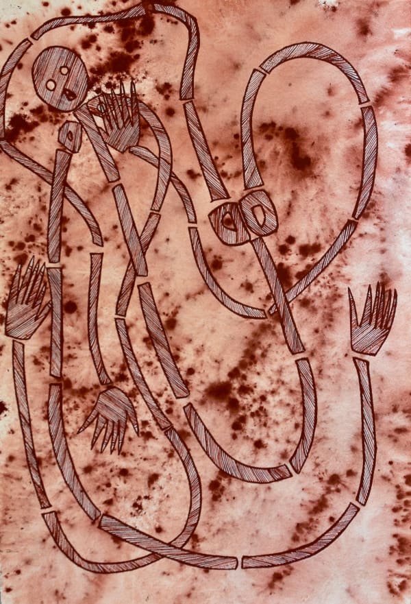 Shaun Namarnyilk Namorrorddo and the Crippled Man, 2022 acrylic on arches paper 41 x 61 cm