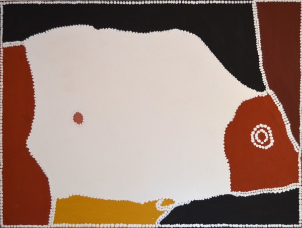 Freddie Timms Mule Creek Country, going down to Gorrogoorra (Storm Bird) country, Bow River Station. natural ochre and pigments on canvas 120 x 90 cm