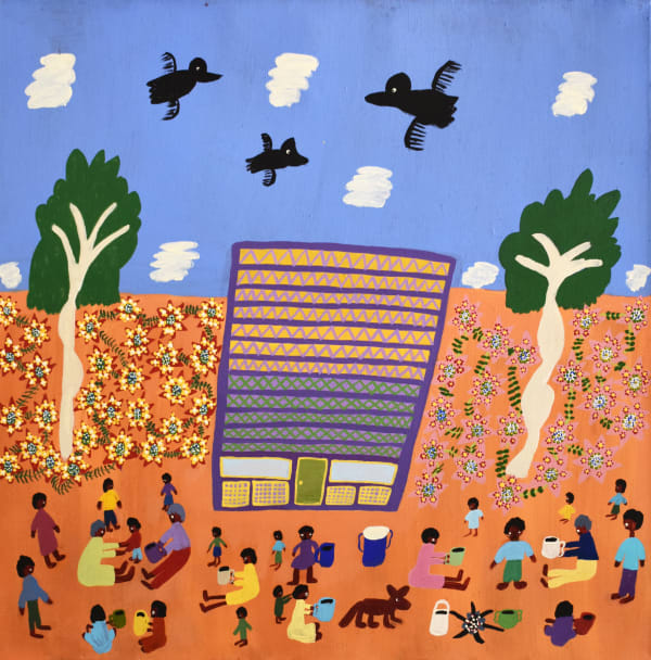 Margaret Kunmanara Nampitjinpa Boko M'Bunghara on Glen Helen Station acrylic on linen 65.5 x 65.5 cm