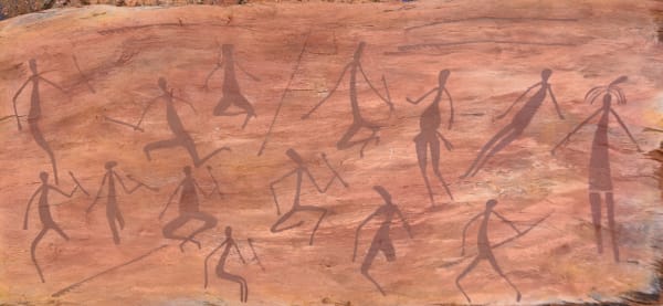 Clarrie Djanghara Gathering of the Gwion People, 2021 natural pigments on bark 20 x 50 cm