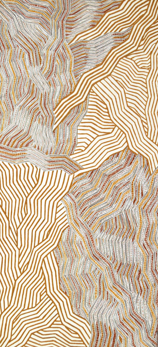 Lamangirra #2 Gumana Garraparra natural ochre and pigments on board 121 x 56 cm