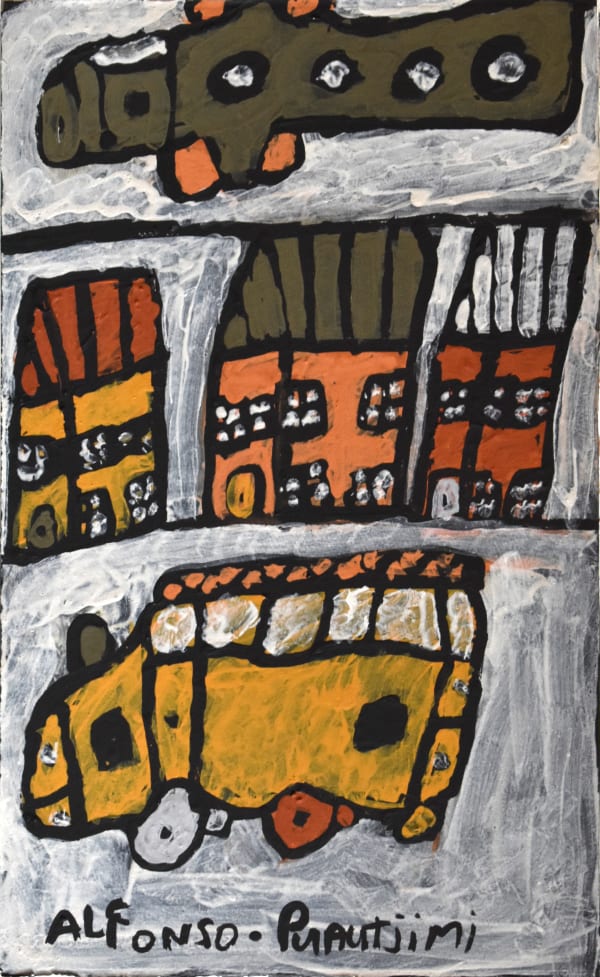 Alfonso Puautjimi Green plane, Three houses & Troopy, 2019 Natural ochre on paper 57.5 x 35 cm