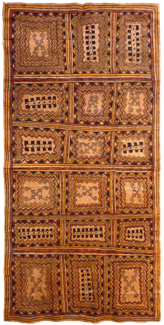 Diona Jonevari (Suwarari) dahoru'e, buboriano'e, ve'i ija ahe,ohu'o odunaigo'e - Omie mountains, beaks of Blyth's Hornbill, bone of the lizard and jungle vines natural pigments on nioge (barkcloth) 175 x 89 cm