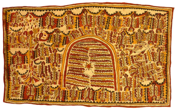 Ivy-Rose Sirimi The Story of the Seven Spirit Boys and the Seven Fruits of the Tree (Mairi’e jeje ijo’oho, dahoru’e ohu’o buborianoo’e) natural pigments on nioge (barkcloth) 93 x 57.5 cm