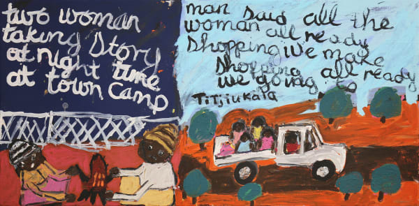 Sally M Mulda Two Women, 2024 acrylic on linen 44 x 89.5 cm