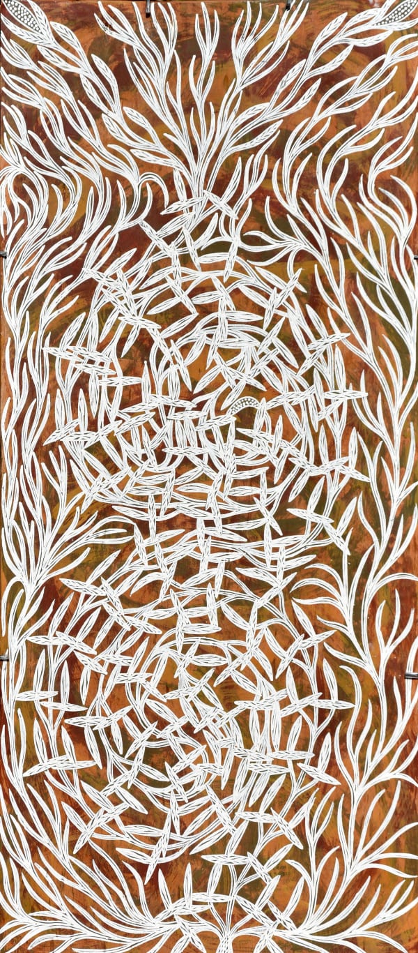 Djirrirra Wunungmurra Yukuwa (bush yam), 2018 Earth pigment on stringybark 114 x 49 cm