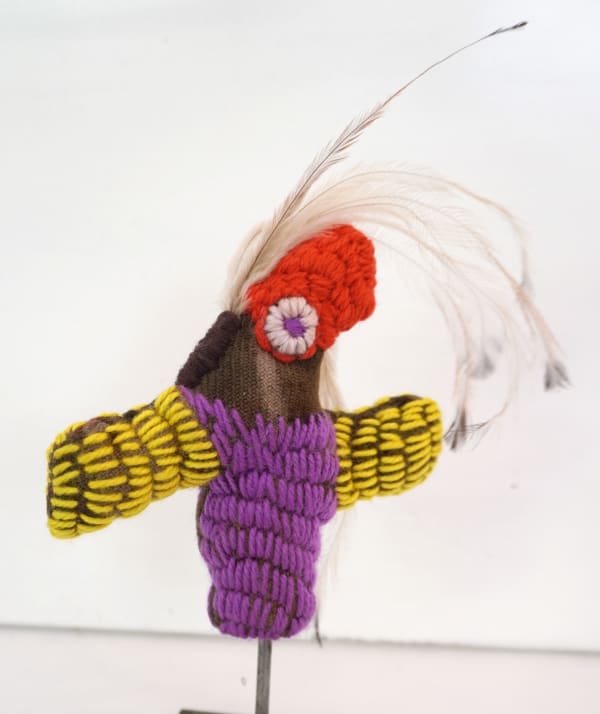 Louise Robertson Bird, 2024 mixed media soft sculpture on stand 14 x 14 x 4 cm