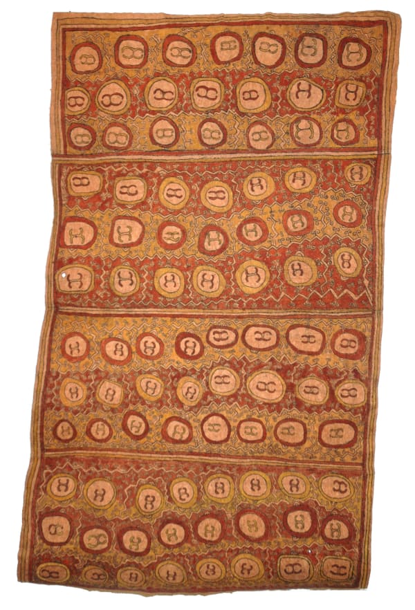 Diona Jonevari (Suwarari) asimano'e, mahudano'e, taigu taigu'e ohu'o odunaigo'e- a man's head, pig's tusks (traditional wealth), pattern of a leaf and jungle vine natural pigments on nioge (barkcloth) 199 x 120 cm