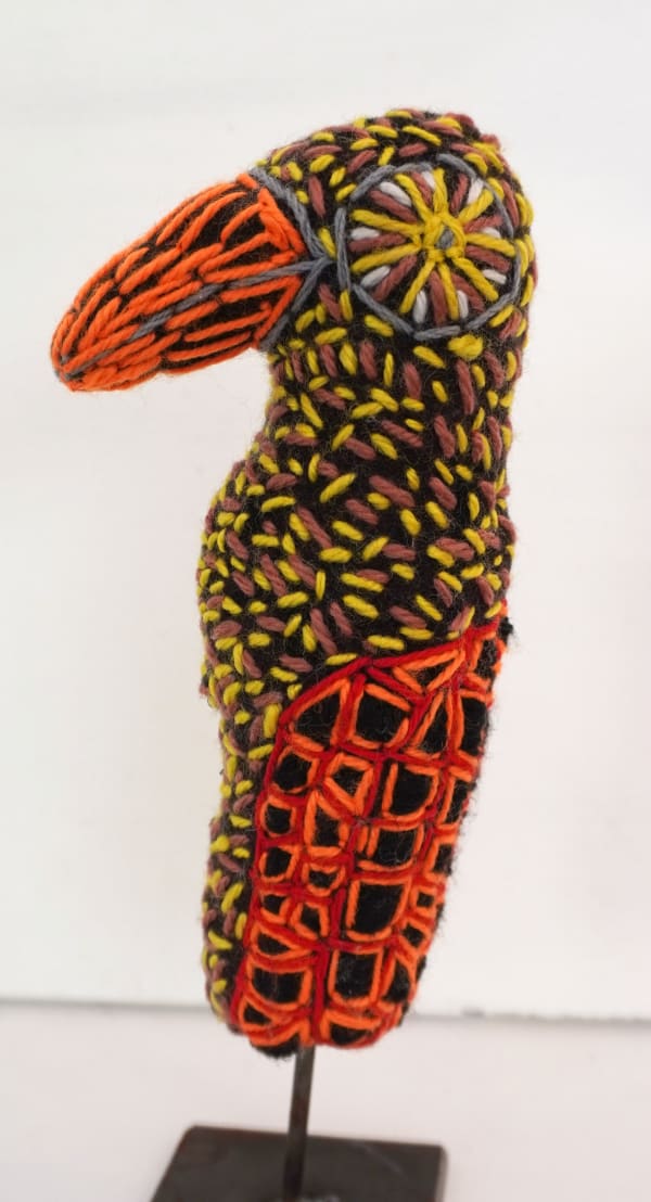 Rhonda Sharpe Red Tailed Cockatoo, 2024 mixed media soft sculpture on stand 22 x 10 x 7 cm