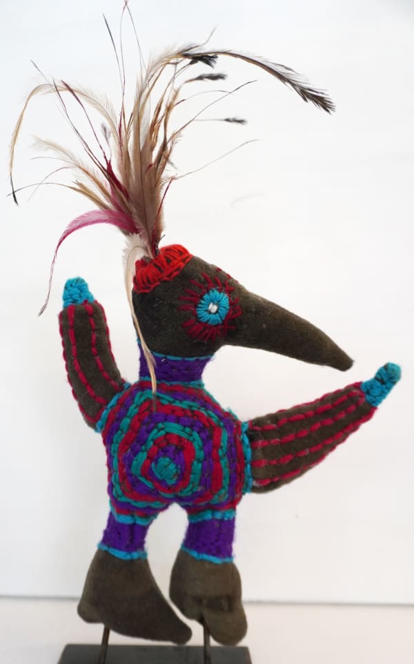 Rosabella Ryder Bird Creature, 2024 mixed media soft sculpture on stand 28 x 27 x 8 cm