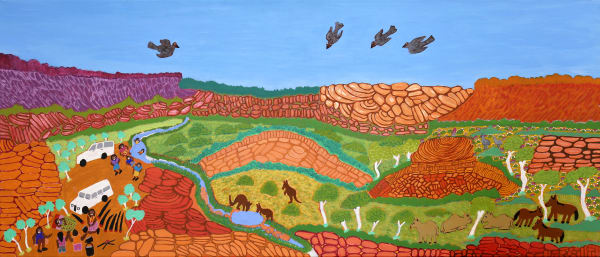 Betty Conway Illarrari Creek, Tempe Downs, 2023 acrylic on linen 66 x 153 cm