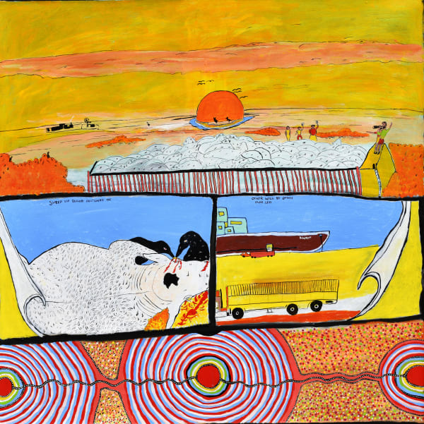 John (Prince) Siddon Droving Sheep Across The Country, 2021 acrylic on canvas 120 x 120 cm