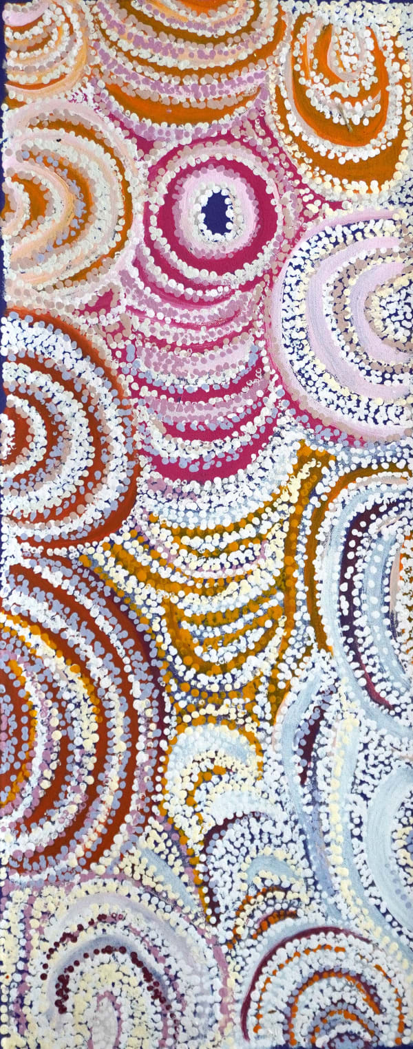 Dianne Ungukalpi Golding Walu Rockhole Dreaming, Emu Heart, the Boy Who Turned, 2024 acrylic on canvas 30 x 76 cm