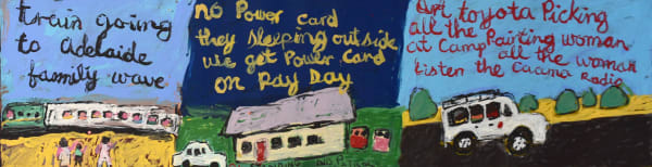 Sally M Mulda Three Town Camp Stories, 2022 acrylic on linen 148 x 45 cm